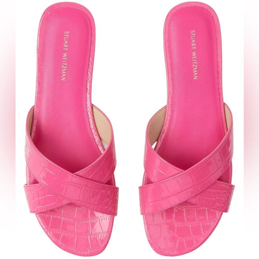 Stuart Weitzman Roza Flat Slide Sandal Pink Croc Embossed Leather 10.5